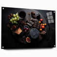 Large abstract wall art on acrylic glass featuring an assortment of fruits in vibrant colors, ideal for dining room decor.