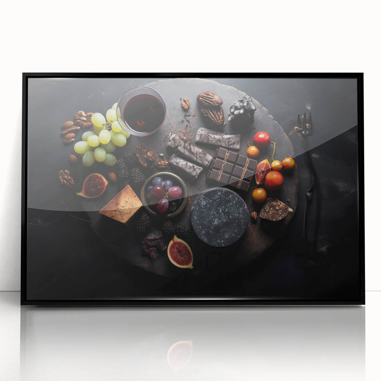 Large abstract wall art featuring assorted fruits in vibrant colors on a black acrylic framed print.
