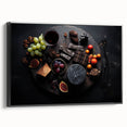 Black and white framed canvas featuring a vintage poster of assorted fruits, ideal for bedroom wall decor.