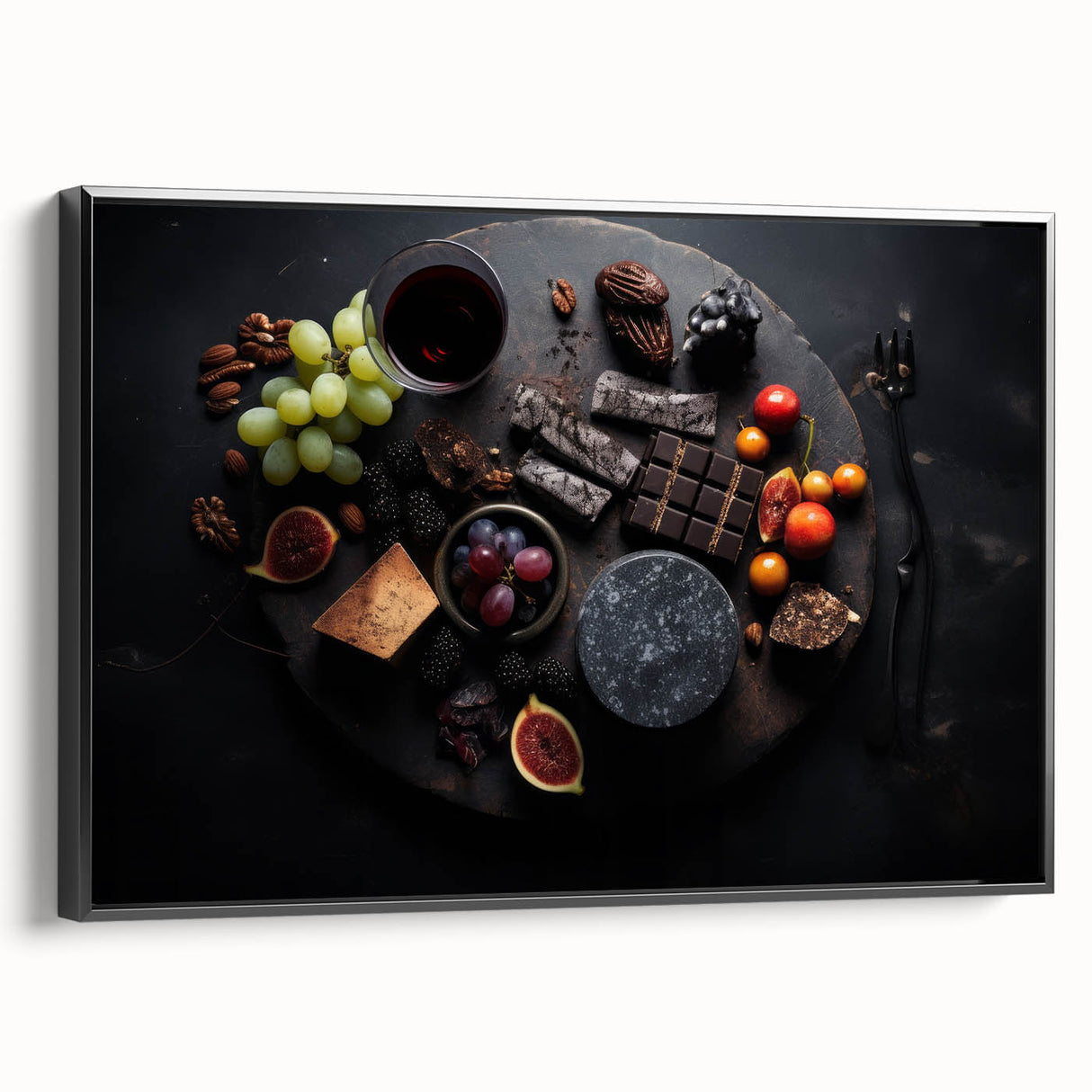 Black and white framed canvas featuring a vintage poster of assorted fruits, ideal for bedroom wall decor.