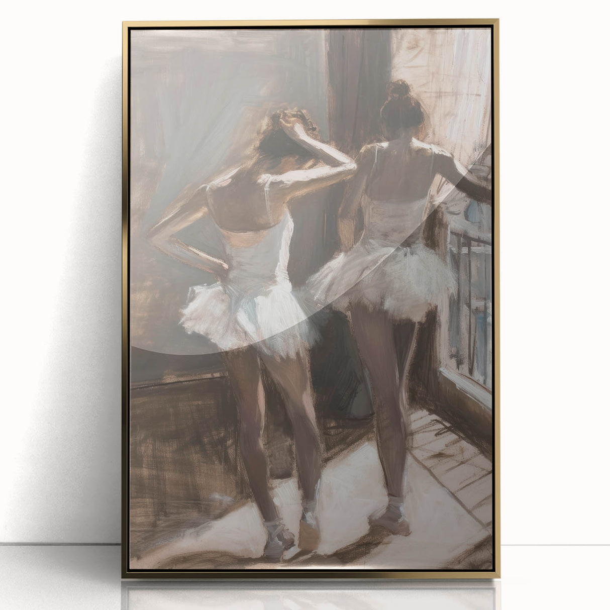 Abstract figurative artwork framed in gold, showcasing vibrant colors and dynamic shapes, perfect for modern home decor or art enthusiasts.