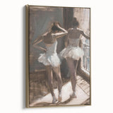 Framed abstract figurative canvas artwork with gold accents, showcasing a modern design that adds elegance to any interior decor. Ideal for contemporary spaces.