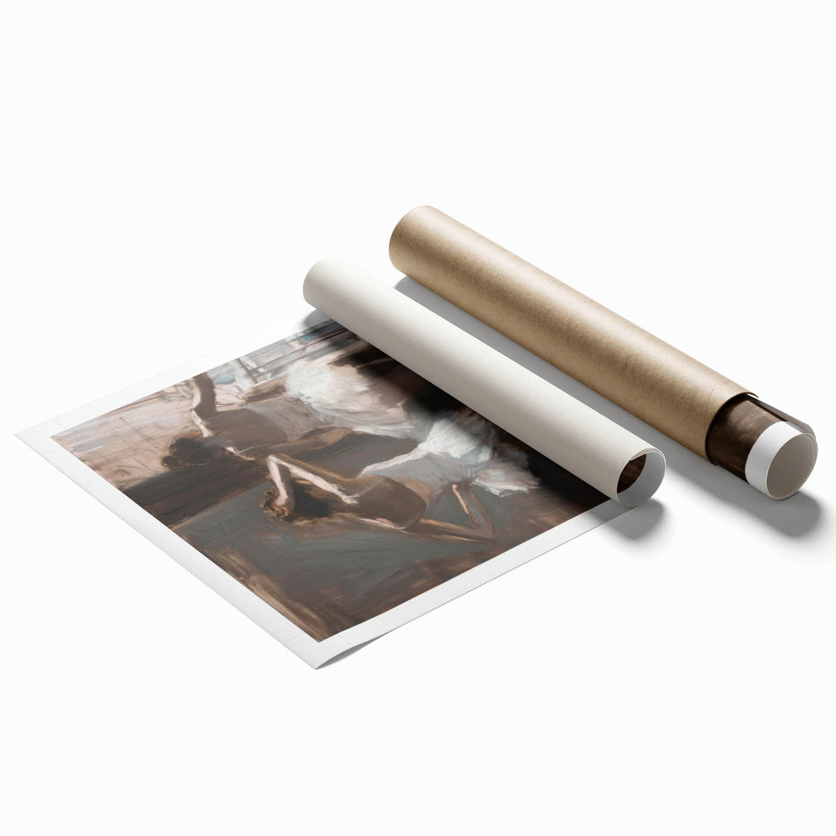 Abstract figurative artwork print showcasing vibrant colors and dynamic shapes, rolled for shipping in a protective cardboard tube, ideal for modern decor.