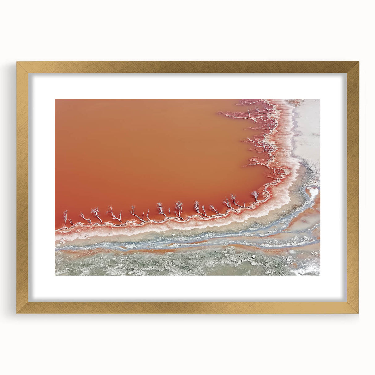 Abstract landscape art print framed in gold with a white mat, showcasing vibrant colors and a modern design, perfect for enhancing home decor.