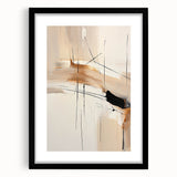 Abstract minimalist wall art framed in black with a white mat, showcasing geometric shapes and subtle colors, ideal for modern home decor.
