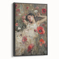 Abstract figurative art piece in a sleek black frame, showcasing vibrant colors and dynamic shapes, perfect for modern home decor or gallery settings.