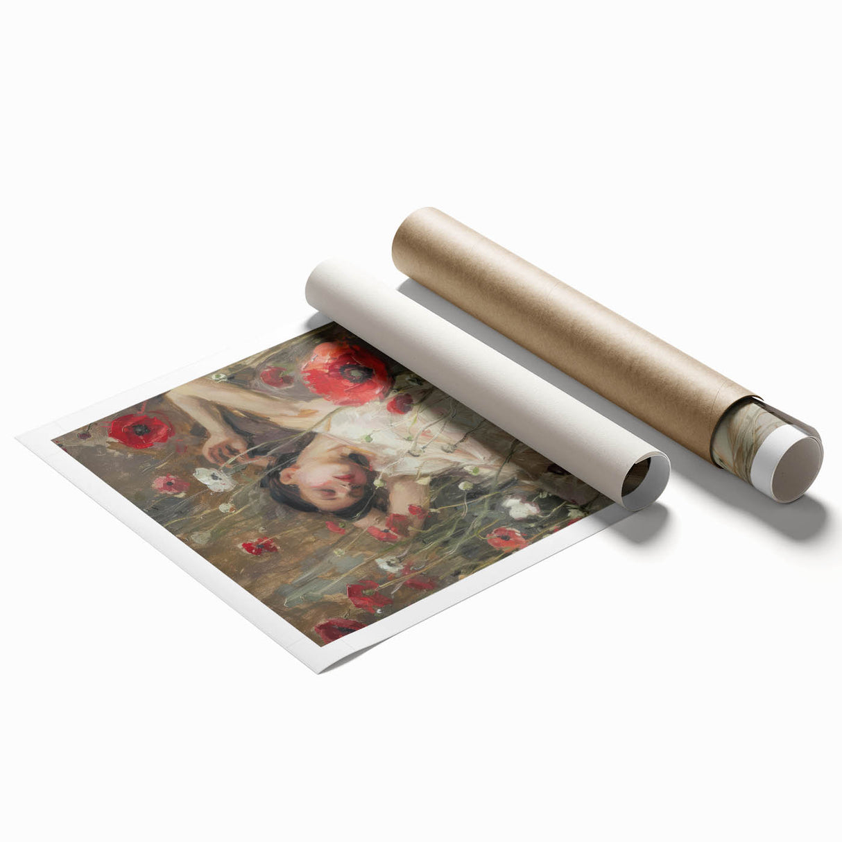 Abstract figurative art print featuring vibrant colors and dynamic shapes, rolled for shipping in a protective cardboard tube, ideal for modern home decor.