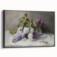 Framed canvas artwork showcasing an abstract floral design in vibrant colors, displayed in a sleek black frame from a side view, perfect for modern decor.