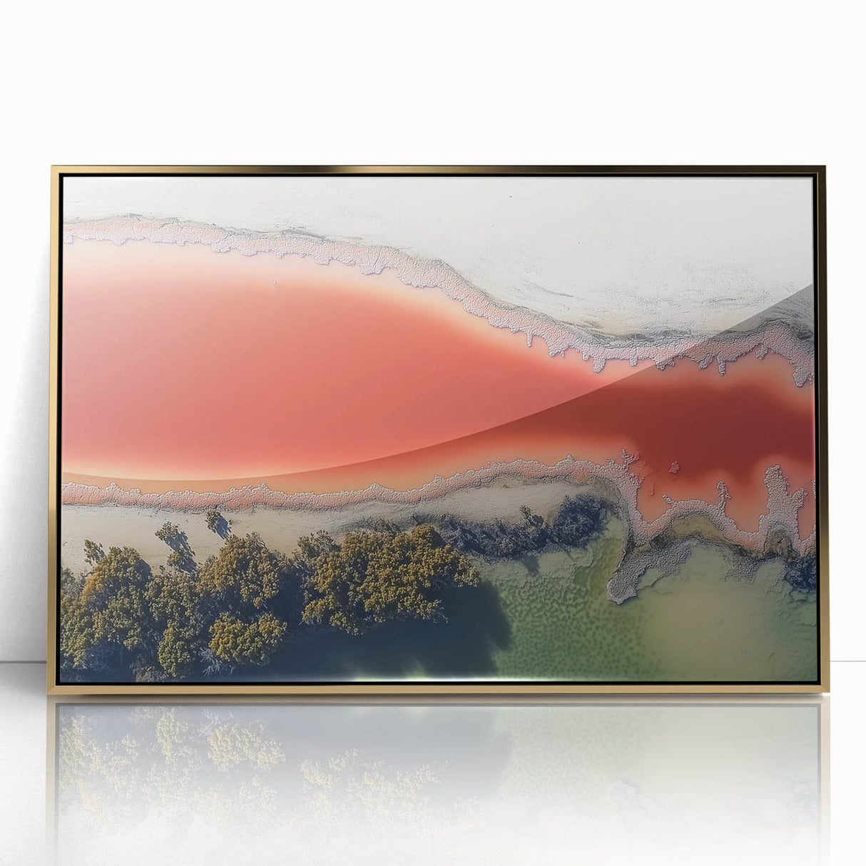 Framed acrylic artwork displaying an abstract landscape design in gold and neutral tones, set against a sleek black frame, ideal for modern home decor.