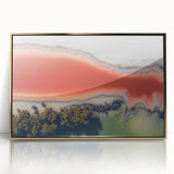 Framed acrylic artwork displaying an abstract landscape design in gold and neutral tones, set against a sleek black frame, ideal for modern home decor.