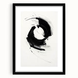 Abstract minimalist wall art framed in black with a white mat, showcasing geometric shapes and soft colors, ideal for modern home decor.