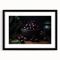 Extra large abstract art print featuring vibrant, colorful fruit motifs on a textured canvas, framed with black mat.