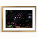 Extra large abstract art print featuring textured fruits in vibrant colors on a gold-framed canvas.
