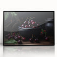 Large abstract wall art featuring assorted fruits in bold colors on a black acrylic framed piece.