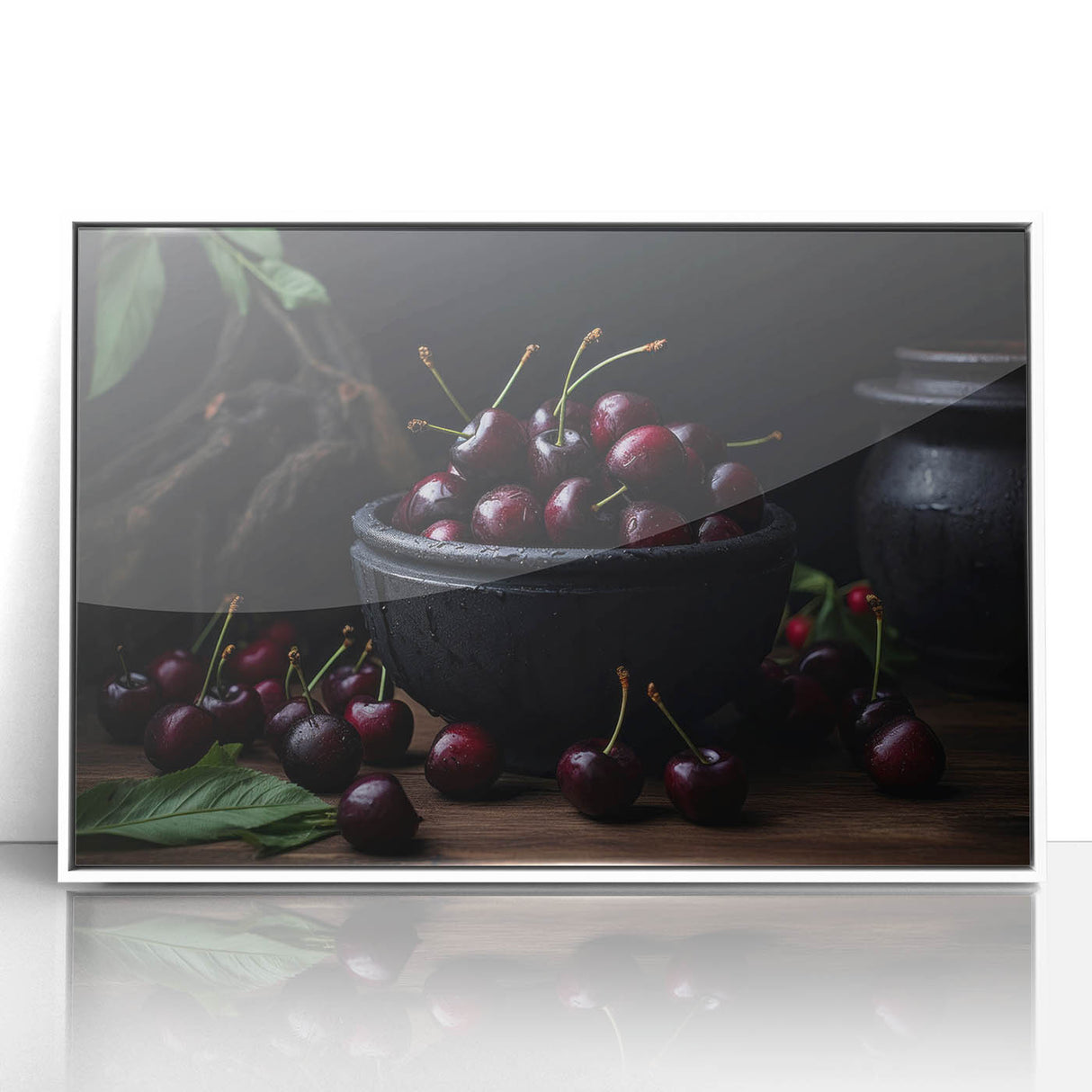 Art Deco poster featuring assorted fruits in bold colors on a white acrylic framed print, suitable for modern kitchen decor.