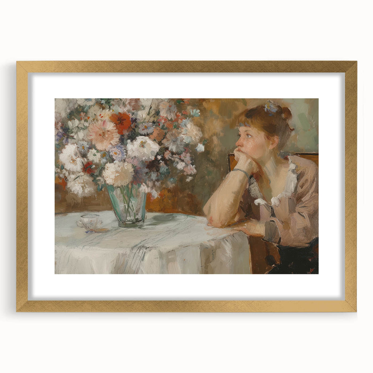 Abstract figurative frame with gold mat, showcasing a modern design and elegant aesthetic, perfect for enhancing contemporary home decor.
