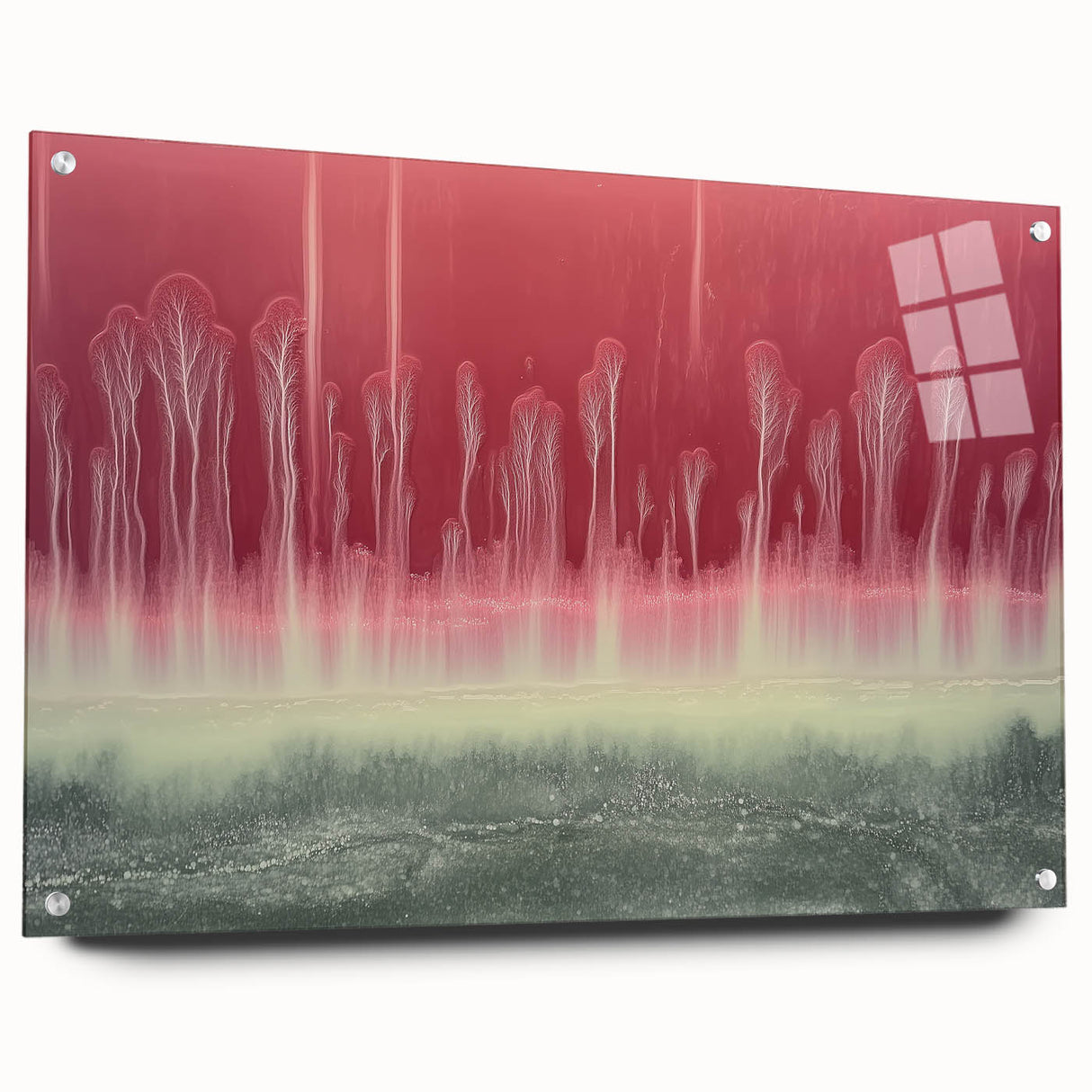 Abstract landscape artwork printed on acrylic glass, showcasing vibrant colors and intricate details. Side view highlights the sleek design and pin mounting, perfect for modern home decor.