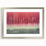 Abstract landscape artwork framed in a sleek silver frame, featuring a soft color palette of blues and greens, perfect for modern home decor. Mat included for added elegance.