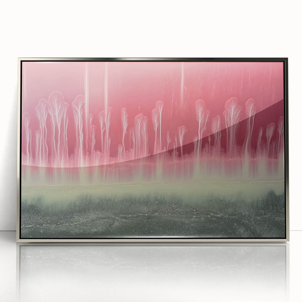 Framed acrylic artwork showcasing a modern abstract landscape in silver tones, designed to enhance contemporary home decor with its elegant aesthetic.