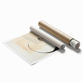 Abstract minimalist wall art print showcasing soft pastel colors and geometric shapes, rolled and packaged in a protective cardboard tube for easy display.