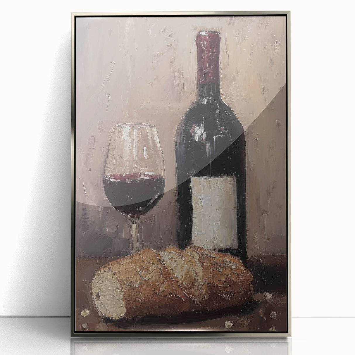 Mid-century modernist art featuring a stylized food and drinks motif in pastel shades, framed in silver acrylic.