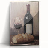 Mid-century modernist art featuring a stylized food and drinks motif in pastel shades, framed in silver acrylic.