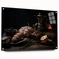 Large abstract wall art featuring an array of fruits in vibrant colors on acrylic glass, ideal for dining room decor.