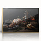 Large art print of assorted fruits in bold colors on a gold acrylic frame, in a mid-century modernist style.
