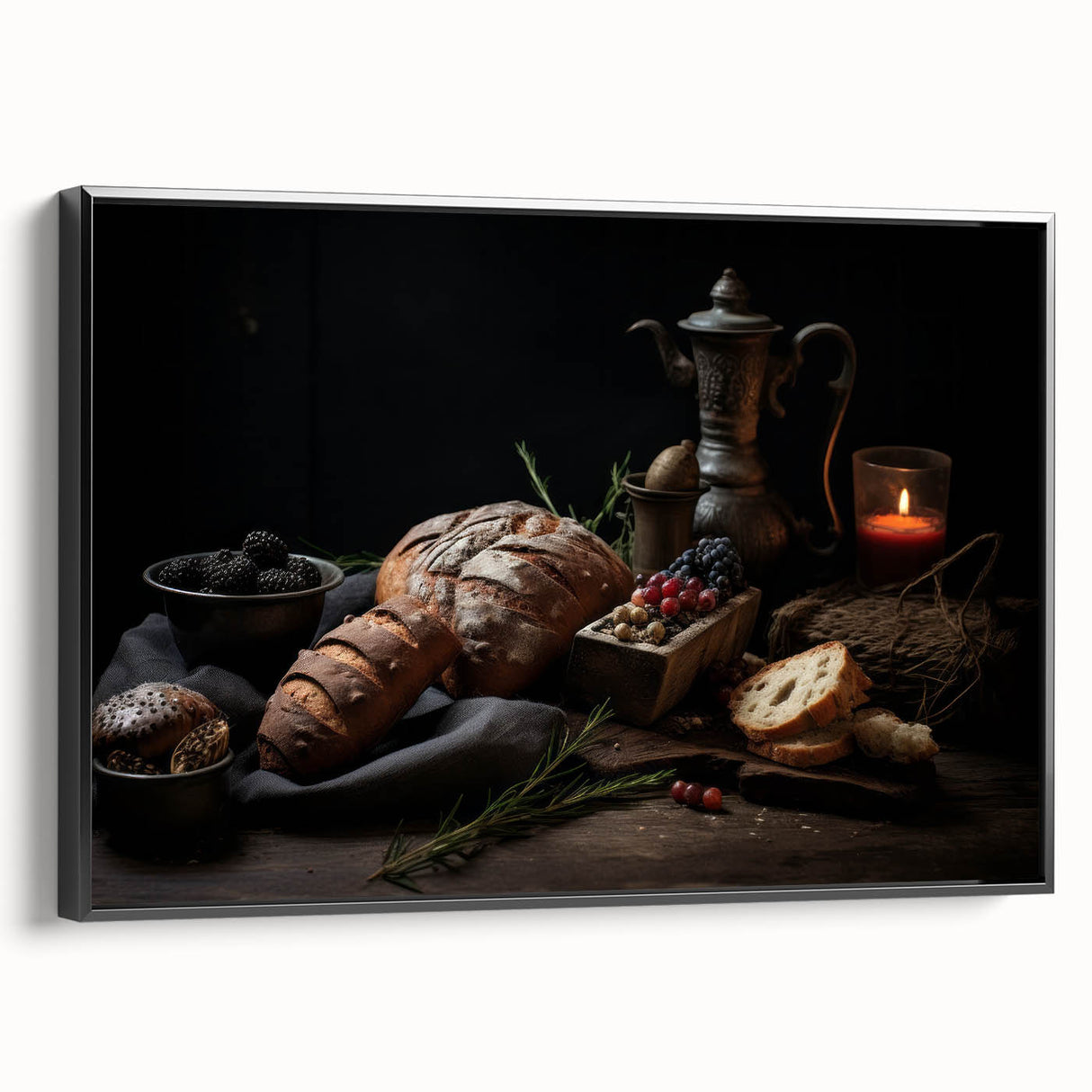 Black and white vintage poster art featuring a variety of fruits, printed on framed canvas, suitable for bedroom wall decor.