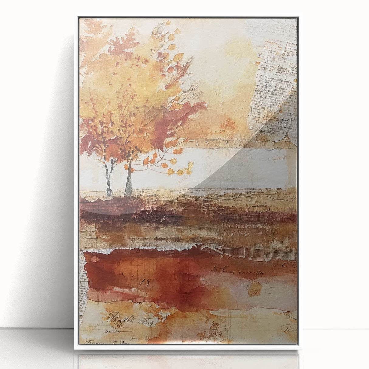 Art deco poster depicting a stylized autumn tree in warm orange and yellow tones, framed acrylic.
