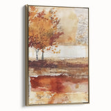 Framed canvas featuring a vintage-style landscape painting with autumnal trees and a black border, ideal for bedroom decor.