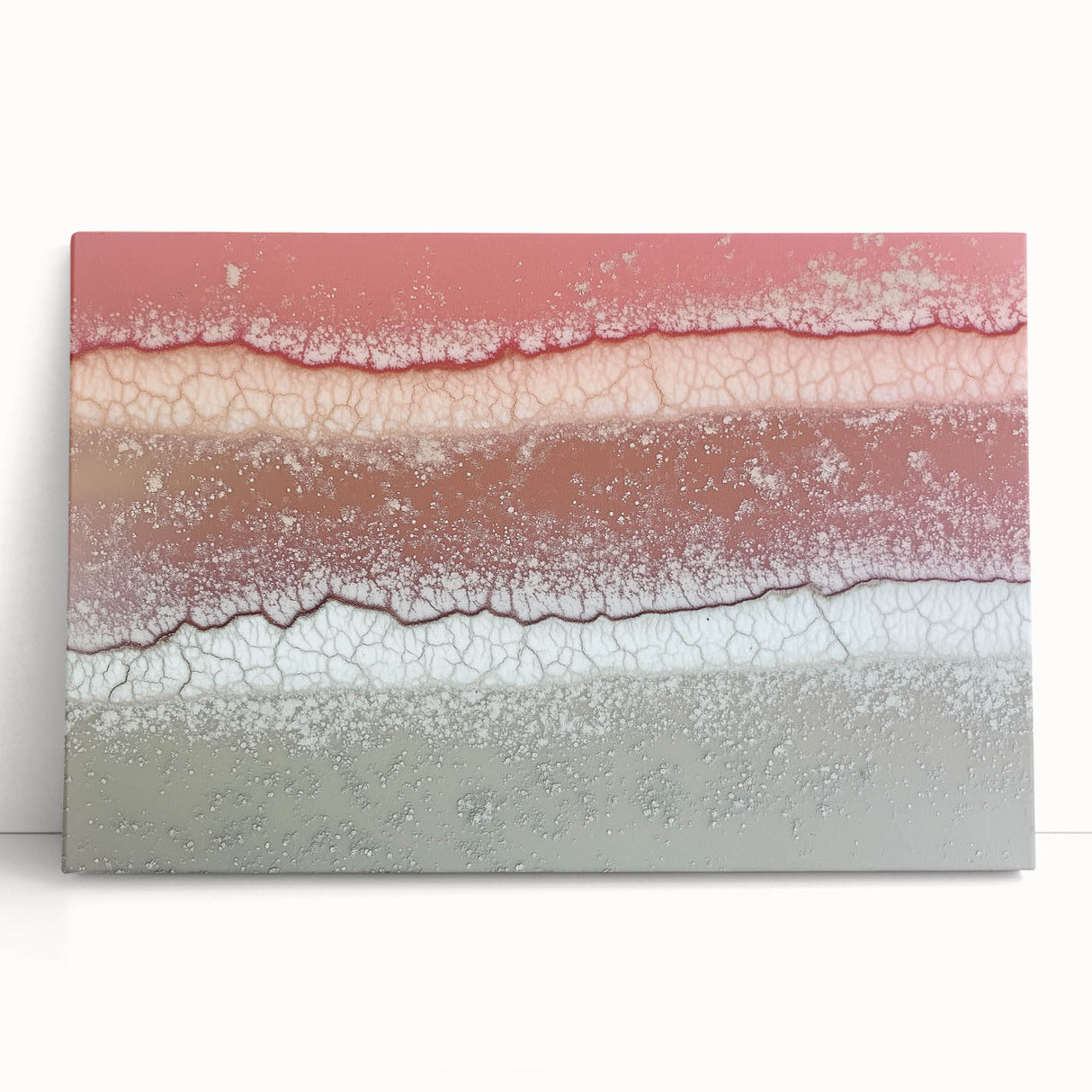 Abstract landscape artwork printed on a stretched canvas, featuring vibrant hues of blue and orange, leaning against a neutral wall, ideal for modern home decor.