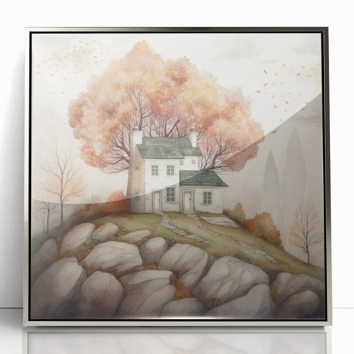 Mid-century modernist art depicting autumn trees in orange and red hues.