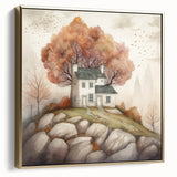 Framed canvas wall art featuring a vintage-style landscape with trees in autumn hues, ideal for bedroom decor.