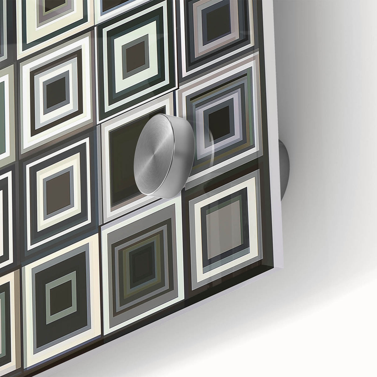 Close-up view of an abstract geometric design on acrylic glass, showcasing vibrant colors and intricate shapes, perfect for modern home decor. This artistic piece adds a contemporary touch to any interior setting.