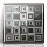Framed geometric abstract art piece with black accents, showcasing intricate patterns and a modern design, perfect for contemporary home decor.