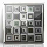 Framed abstract geometric art piece with a silver acrylic finish, showcasing intricate shapes and lines. Ideal for modern home decor or office space enhancement.