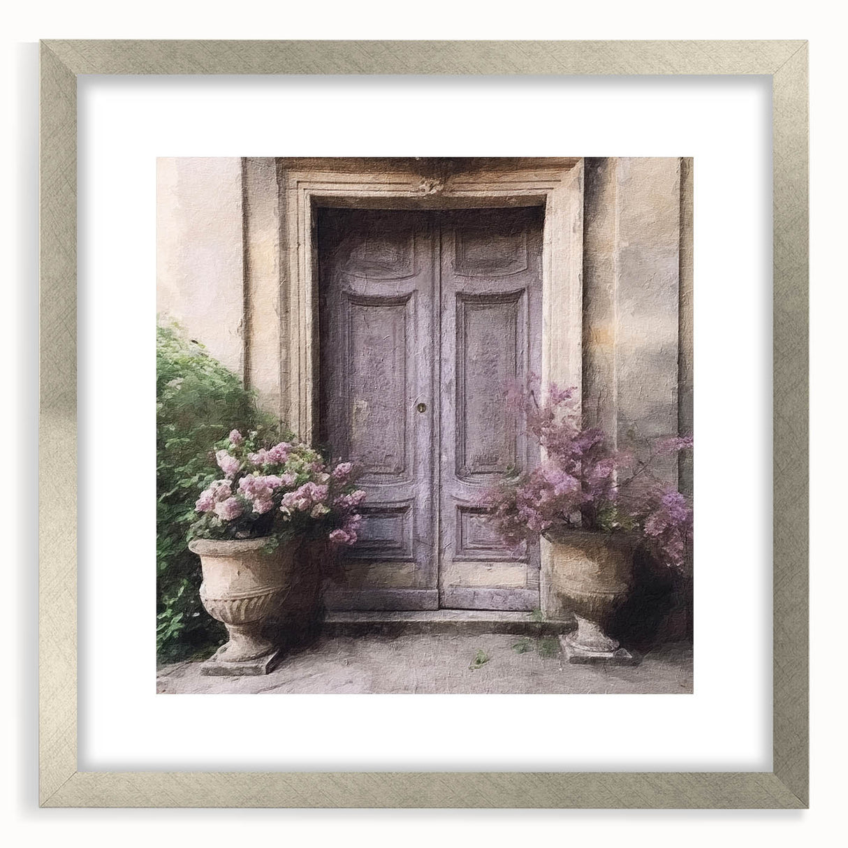 Textured abstract art print of a French door design in silver frame, ideal for bedroom art.
