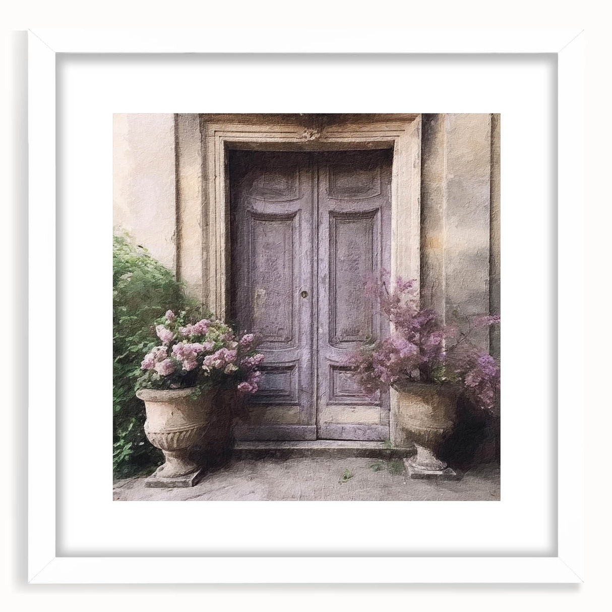 Abstract art print of a French door in muted gray tones on a framed white mat, ideal for dining room decor.