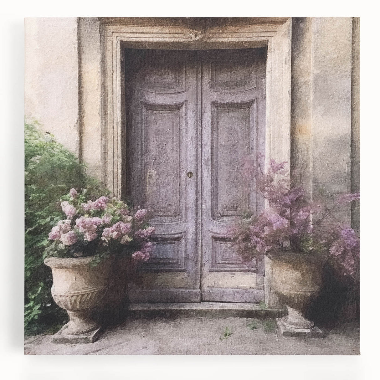Black and white photo of a French door on stretched canvas, ideal for kitchen wall art.