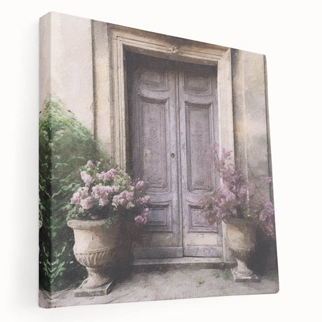 Large stretched canvas featuring a side view of a French door design, in muted earth tones, suitable for kitchen wall art.