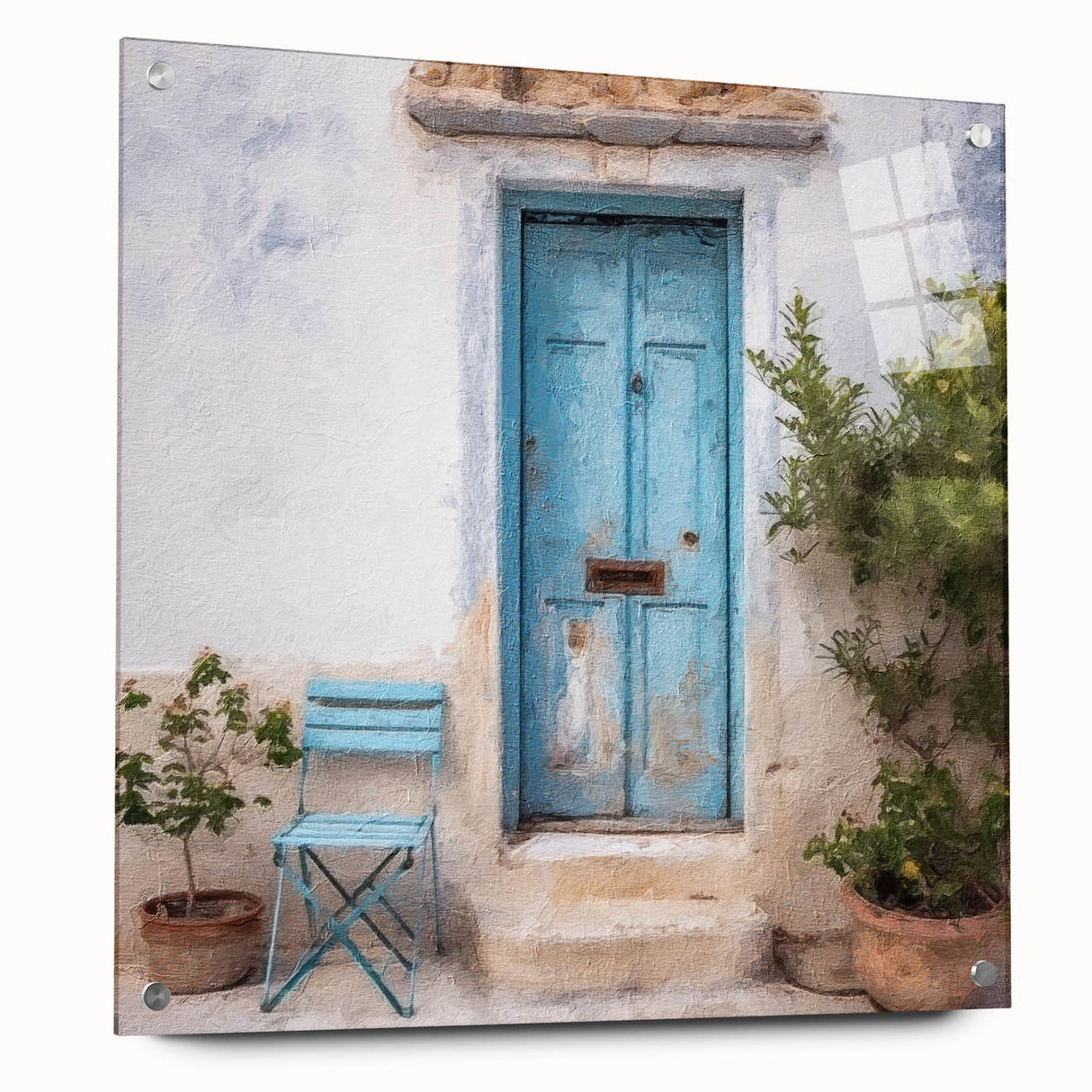 Acrylic print of a Greek door design, featuring earthy tones and architectural details, suitable for dining room decor.