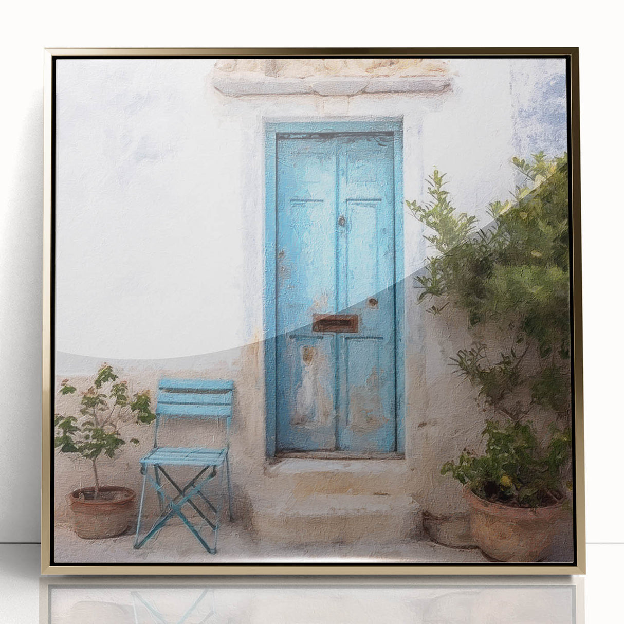 Mid-century modernist acrylic print of a Greek door in gold tones, ideal for modern art wall decor.