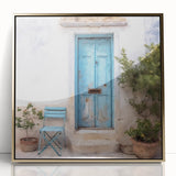 Mid-century modernist acrylic print of a Greek door in gold tones, ideal for modern art wall decor.