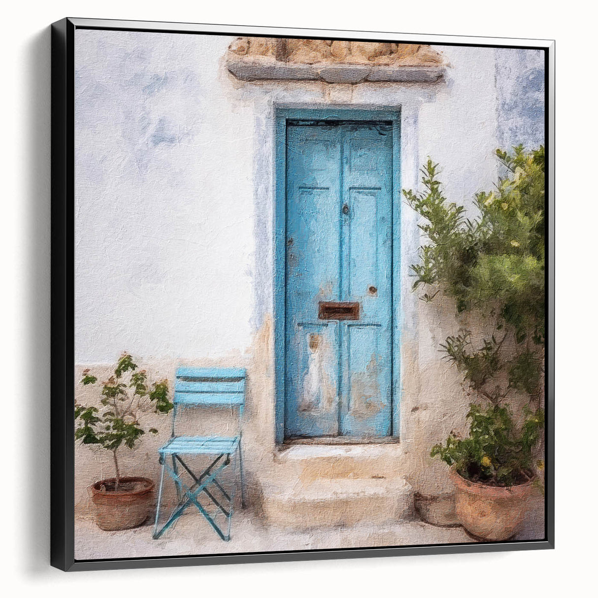 Black and white framed canvas featuring a vintage poster art style of a Greek architecture door.