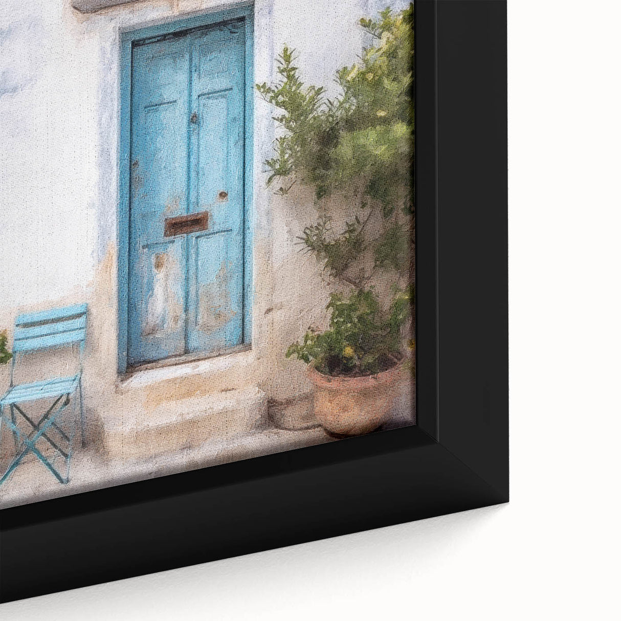 Close-up of a black framed canvas featuring a textured, colorful Greek door design, ideal for living room decor.