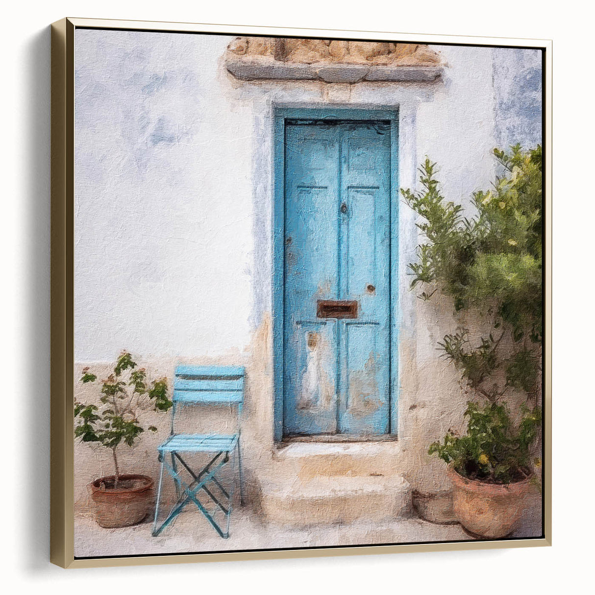 Framed canvas wall art featuring a vintage poster of a Greek architecture door in silver and gold tones.