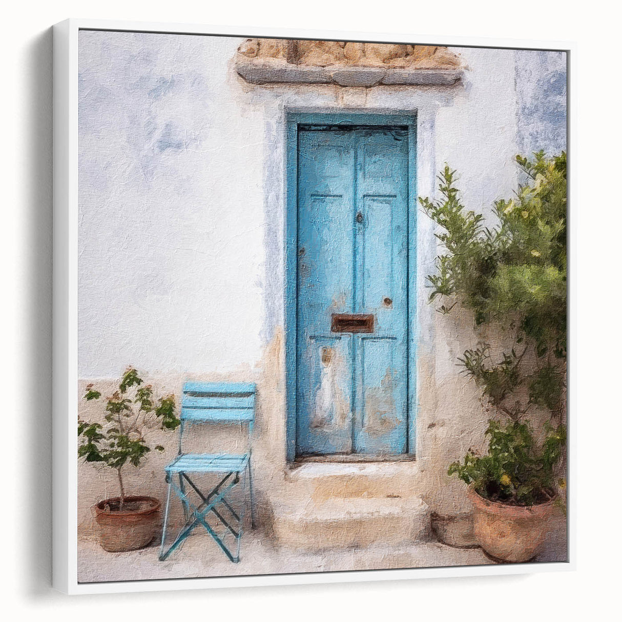 Framed canvas of a vintage poster featuring a Greek door design in black and white, ideal for living room decor.
