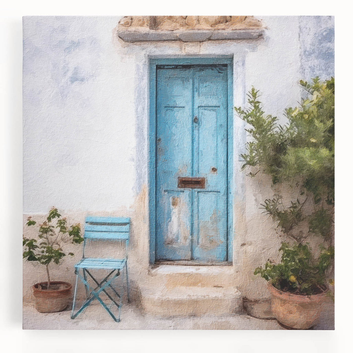 Black and white photo of a Greek architecture door on stretched canvas, ideal for kitchen wall art.