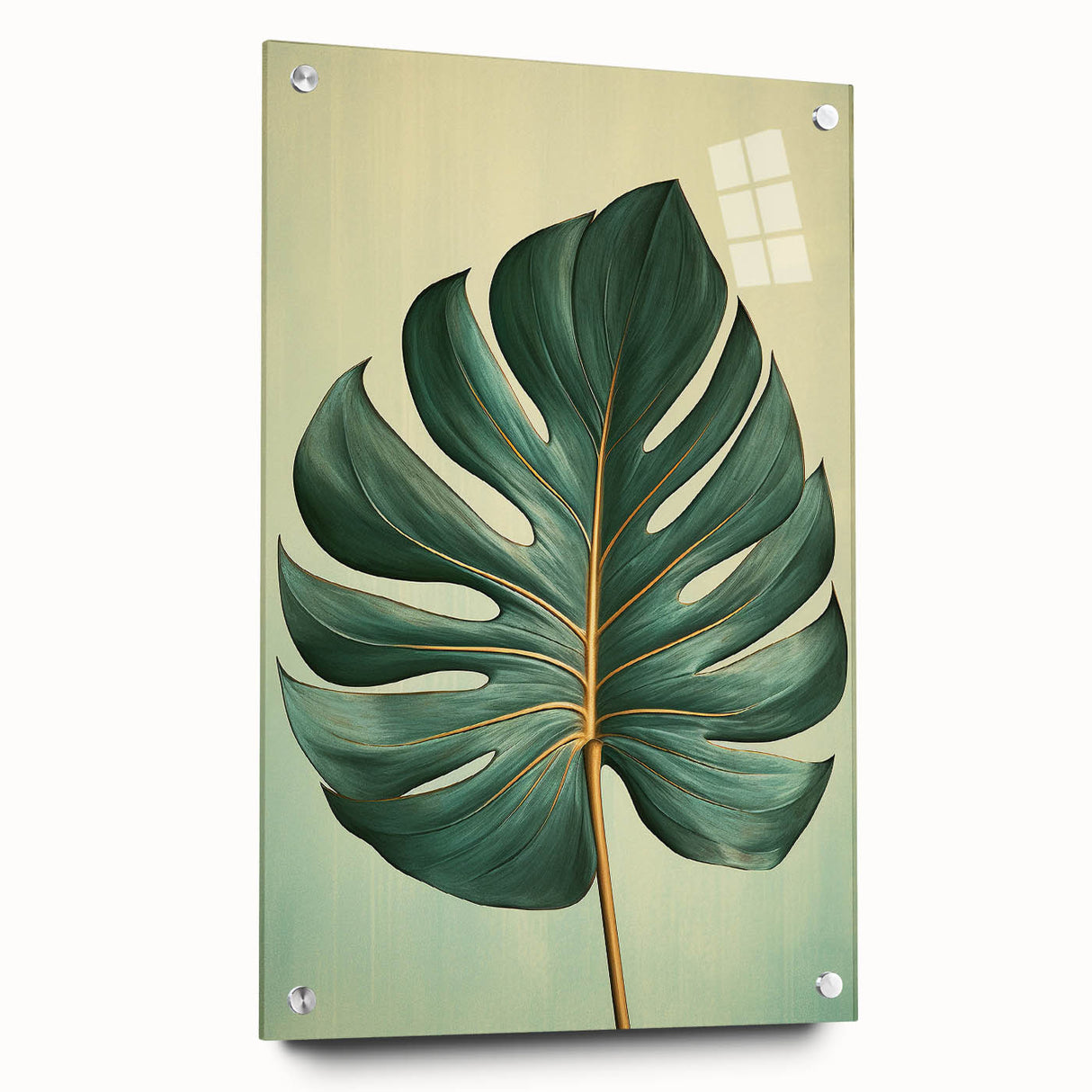 Acrylic glass wall art showcasing a vibrant floral and botanical design, displayed with decorative pins on a textured backdrop, ideal for modern home decor.